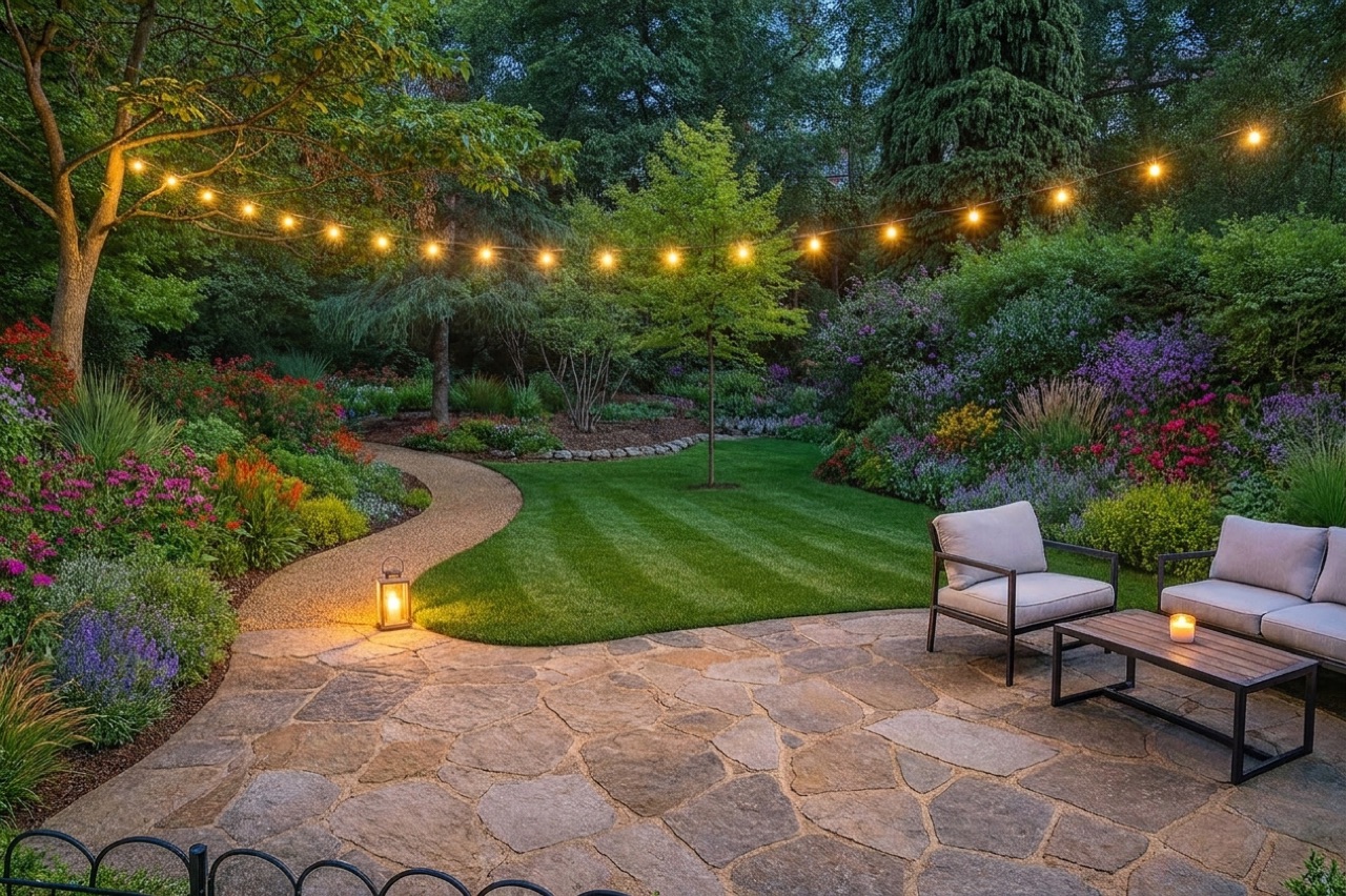 Derselbe Garten als Sommerabend mit Lichterkette und Laternen