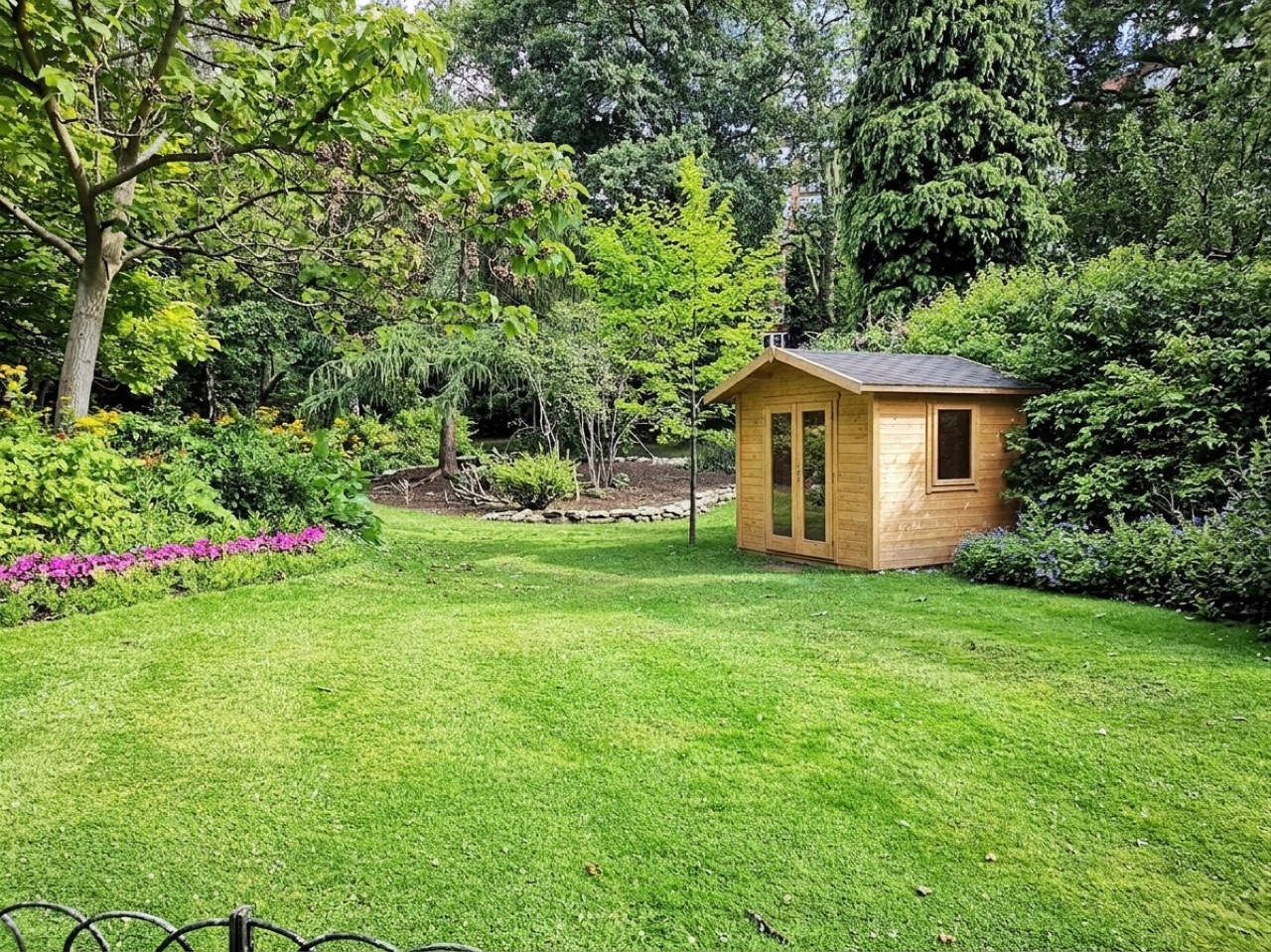 Gartenhaus maßstabsgetreu ins eigene Gartenfoto eingesetzt